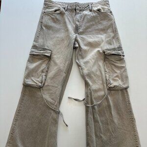 Zara Women's Baggy Wide Leg Cargo Grunge Denim Jeans Beige Flare Size 14